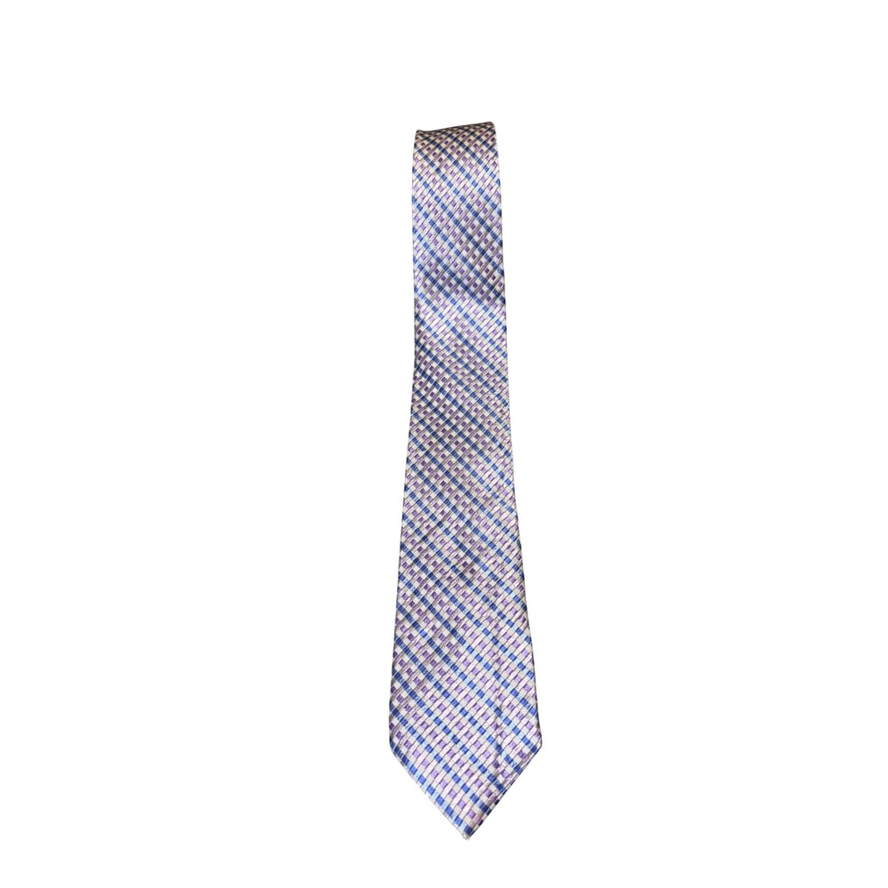 Michael Kors Silk Necktie One Size Purple Blue Checkered Geometric Pattern